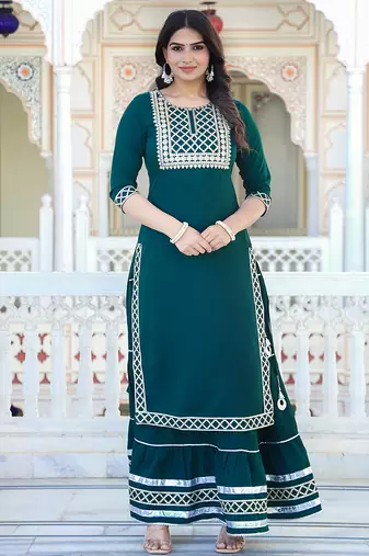 green crepe kurta sharara set with embroidery