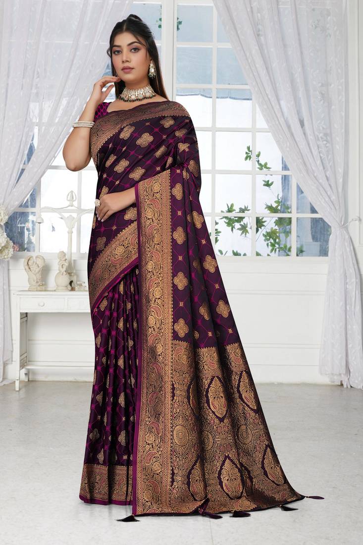 deep purple satin silk saree with heavy zari work