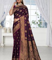 deep purple satin silk saree with heavy zari work