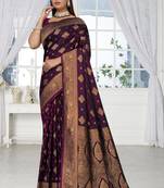 deep purple satin silk saree with heavy zari work