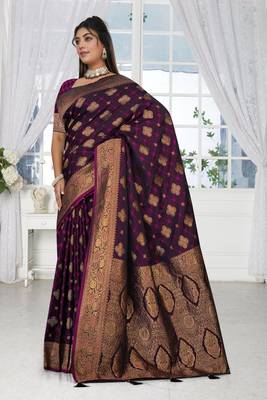 deep purple satin silk saree with heavy zari work 2