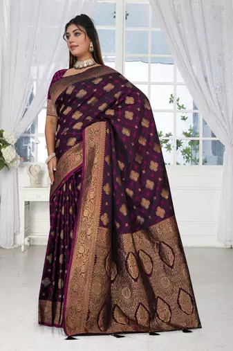 deep purple satin silk saree with heavy zari work