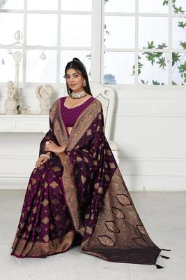 deep purple satin silk saree with heavy zari work 3