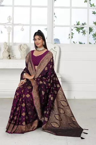 deep purple satin silk saree with heavy zari work