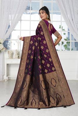 deep purple satin silk saree with heavy zari work 4