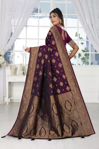 deep purple satin silk saree with heavy zari work