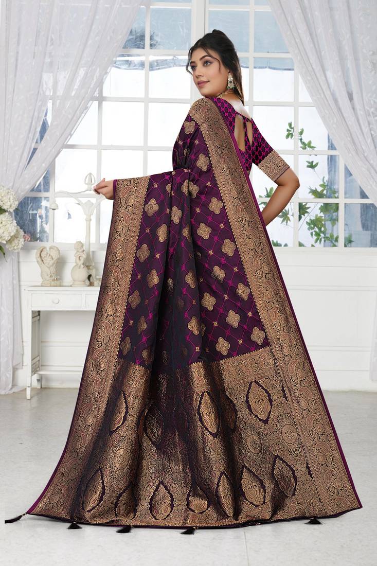 deep purple satin silk saree with heavy zari work