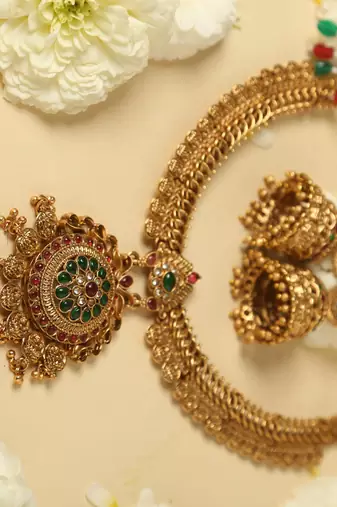 gold necklace set with jhumka earrings