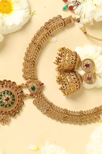 gold plated necklace set with jhumkas