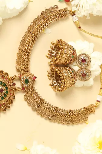 gold plated necklace set with jhumkas
