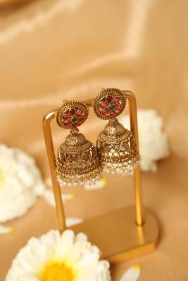 gold plated jhumka earrings with pearl drop design 2