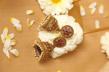 gold plated jhumka earrings with pearl drop design 4