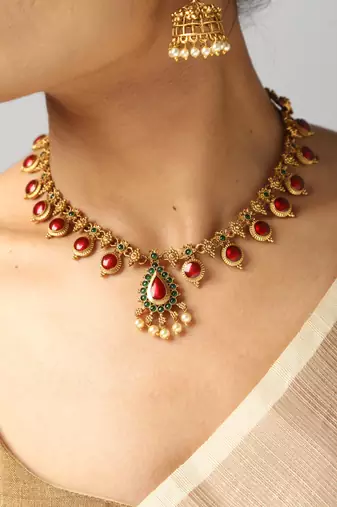 gold plated necklace set with matching earrings