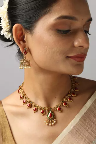 gold plated necklace set with matching earrings