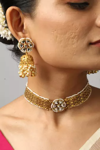 gold plated pearl & kundan choker set with earrings