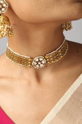 gold plated pearl & kundan choker set with earrings 5