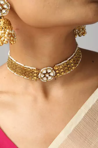 gold plated pearl & kundan choker set with earrings