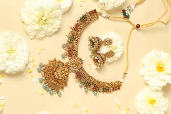 gold plated temple jewellery set with lakshmi motifs 2