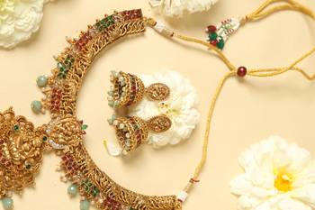 gold plated temple jewellery set with lakshmi motifs 4