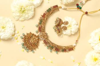 gold plated temple jewellery set with lakshmi motifs 6