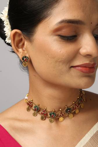 gold plated necklace set with enamel lotus & coin