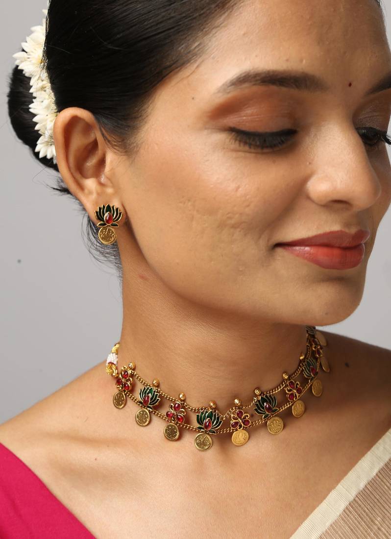 lotus enamel & coin necklace set