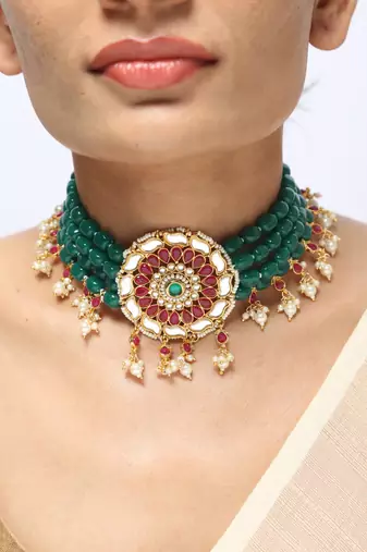 gold plated beaded choker set with floral pendant