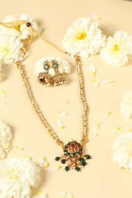 gold pearl chain necklace with floral pendant work 1