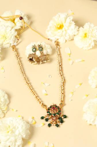 gold pearl chain necklace with floral pendant work