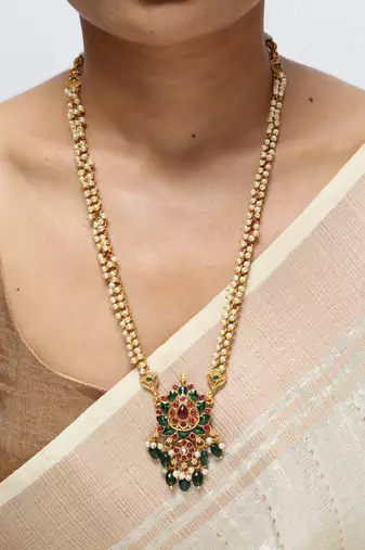 gold pearl chain necklace with floral pendant work