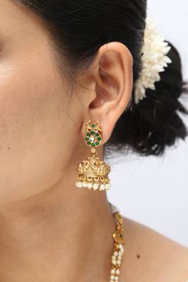 gold pearl chain necklace with floral pendant work 4