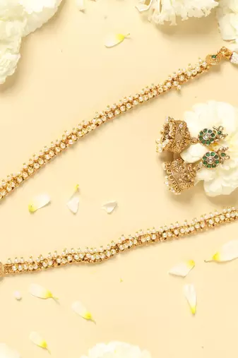 gold pearl chain necklace with floral pendant work