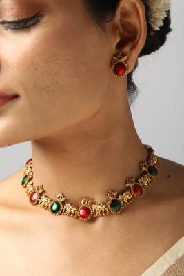 gold plated necklace set with elephant & ruby stones 1