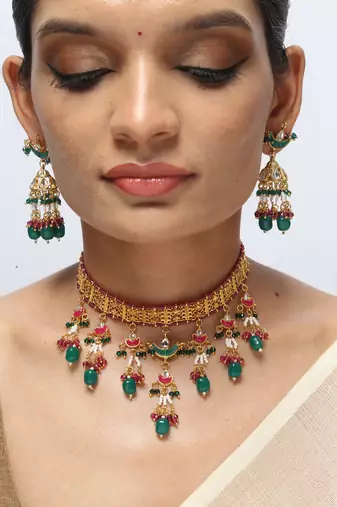 green beaded choker necklace with statement work