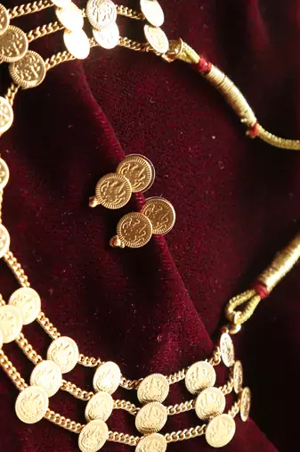 gold plated coin necklace set with layered kasulu work