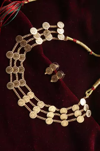 gold plated coin necklace set with layered kasulu work