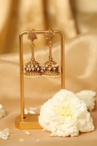 long drop jhumka earrings with pearl accents