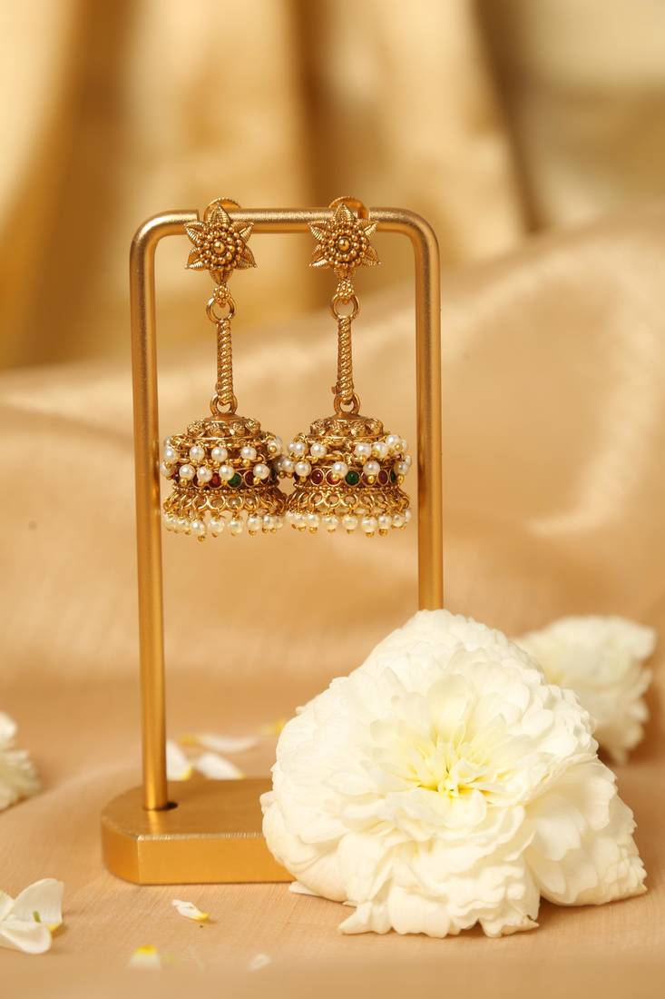 long drop jhumka earrings with pearl accents