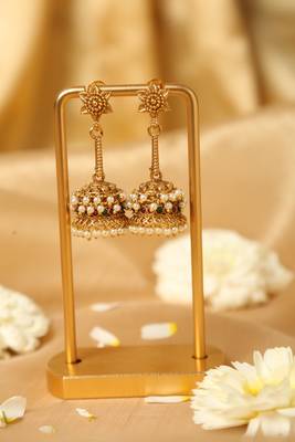 gold plated jhumka earrings with pearl accents 2