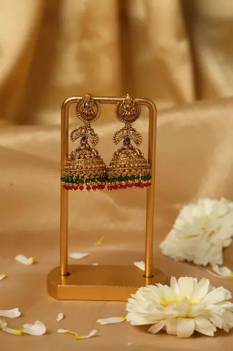 temple style jhumka earrings with beaded border