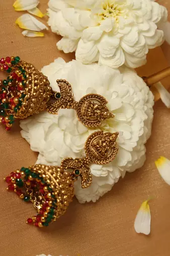 gold plated temple jhumka earrings with beaded work