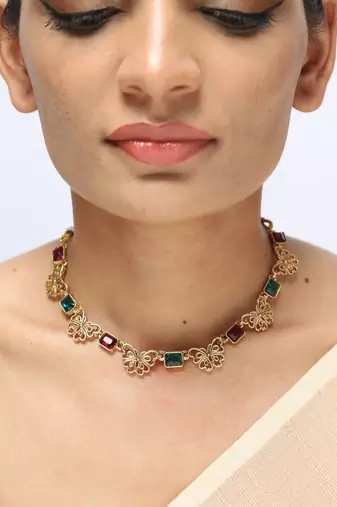 red green gold plated necklace with stone work