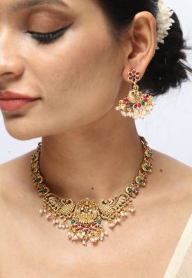 gold plated necklace set with temple jewellery work 1