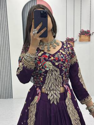 purple vichitra silk lehenga choli with embroidery 4