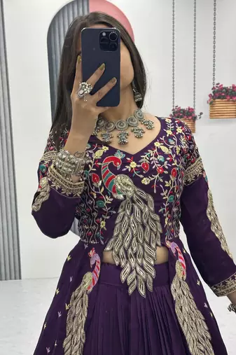 purple vichitra silk lehenga choli with embroidery