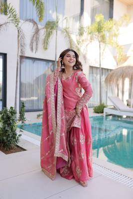 peach cotton kurta sharara set with embroidery 1
