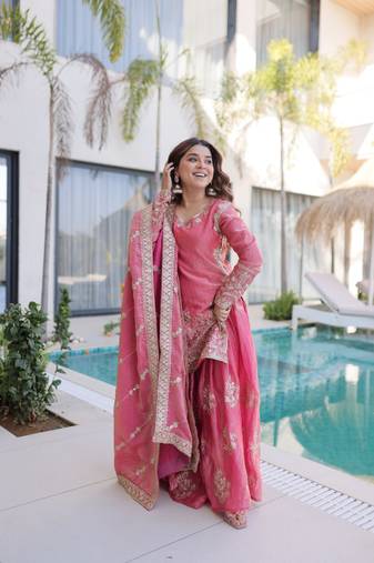 Peach Embroidered Kurta Sharara Set