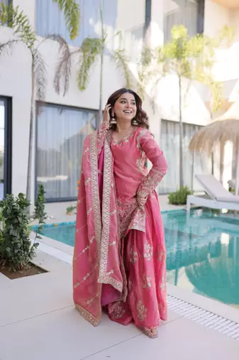 Peach Embroidered Kurta Sharara Set