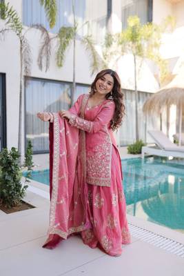 peach cotton kurta sharara set with embroidery 2