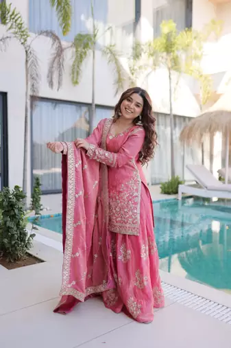 peach cotton kurta sharara set with embroidery